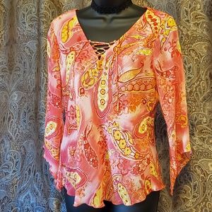 Gorgeous Cato Pink & Orange Lace Up Blouse